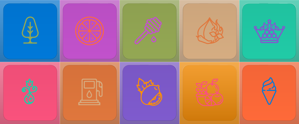 Flavor Profile Icons: Citrus, Fruit, Gas, Pine, Sour, Savory, Dessert, Purple, Exotic